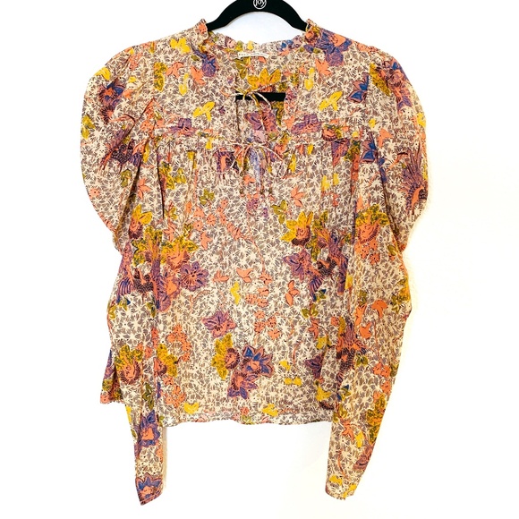 Ulla Johnson Remy Puff Sleeve Floral Blouse Womens 8 Cotton Blend Ivory Boho - Picture 2 of 16
